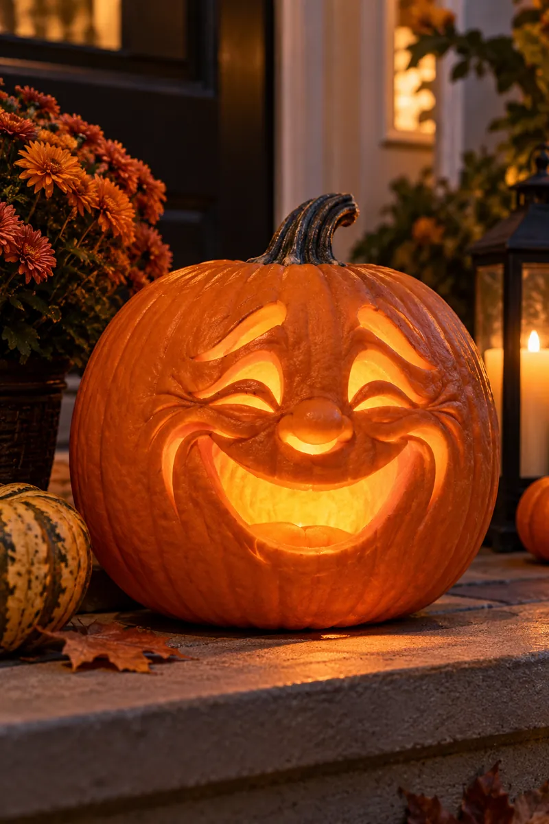 Carved pumpkin with a toothless granny grin, droopy kind eyes and big gums-only smile, glowing warmly