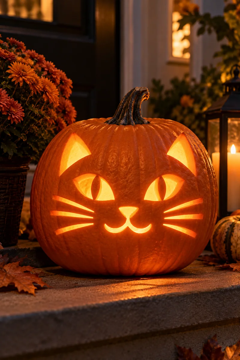 Carved pumpkin with a cat face, triangle ears, almond eyes and whisker slits, glowing at night