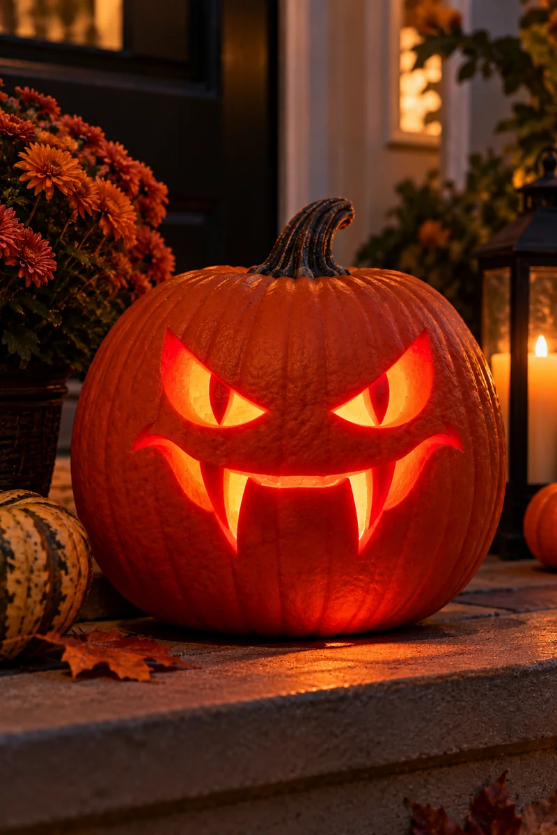 Carved pumpkin with vampire fangs, slanted angry eyes and two triangle fangs, glowing red-orange