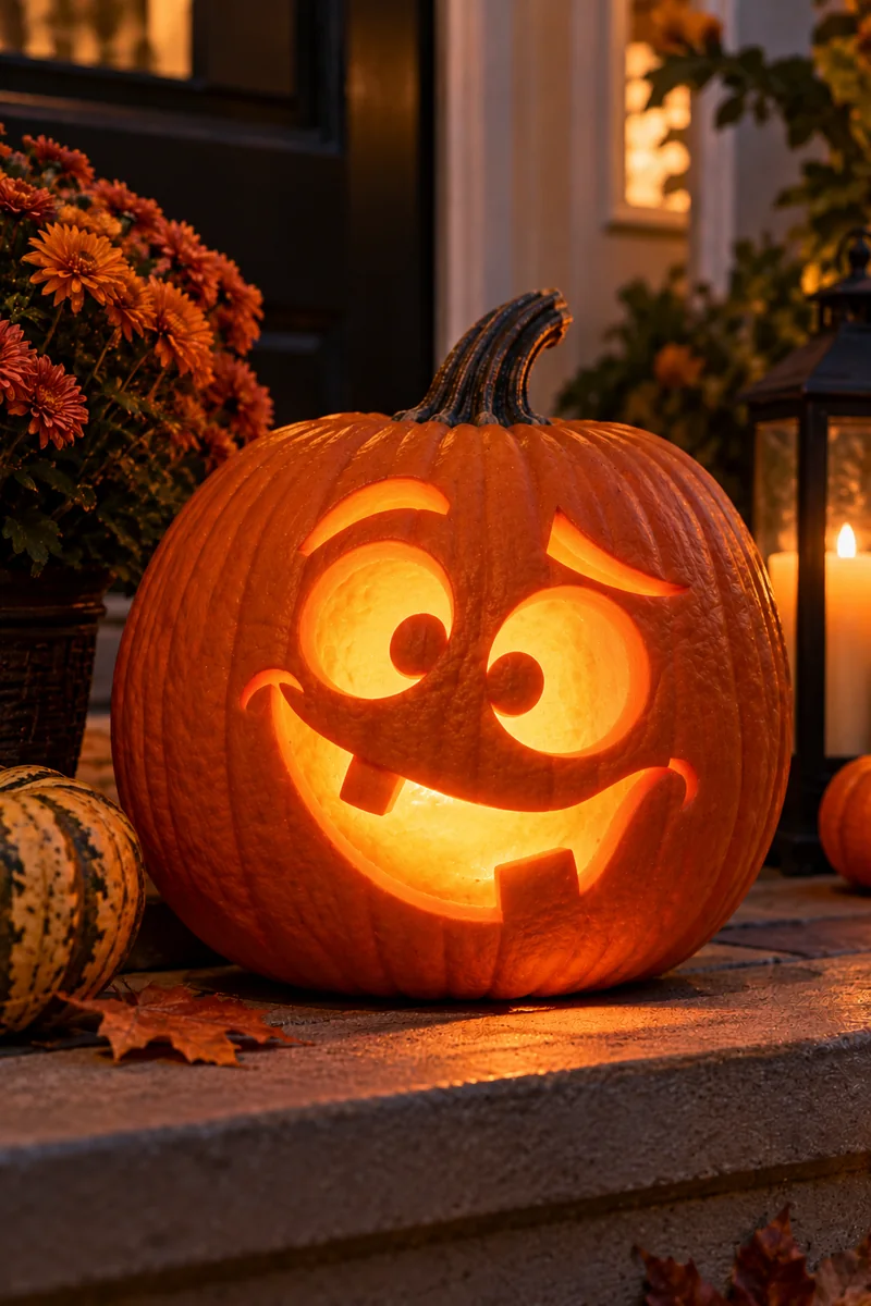 Carved pumpkin with goofy crossed eyes and a lopsided grin, glowing on a doorstep