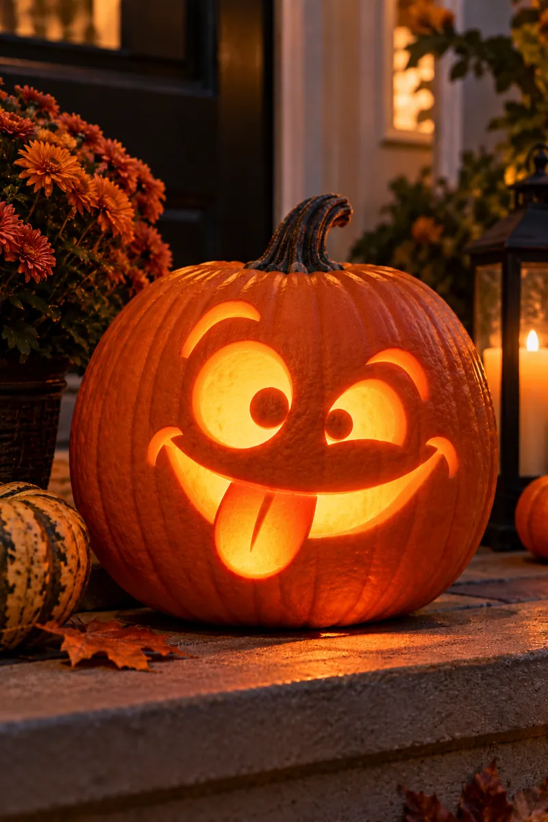 Carved pumpkin with heart-shaped eyes and a sweet small smile, glowing softly