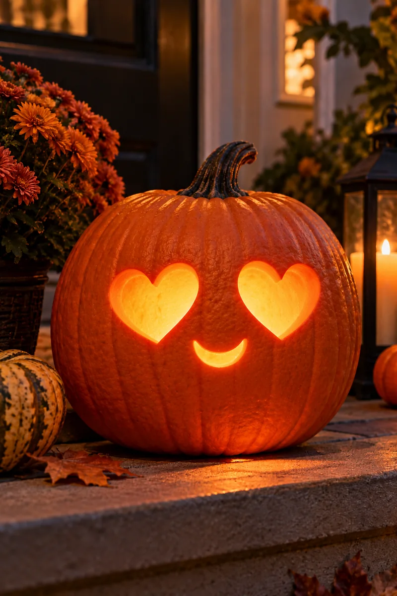 Carved pumpkin with a silly tongue-out face, mismatched eyes and rounded tongue, glowing