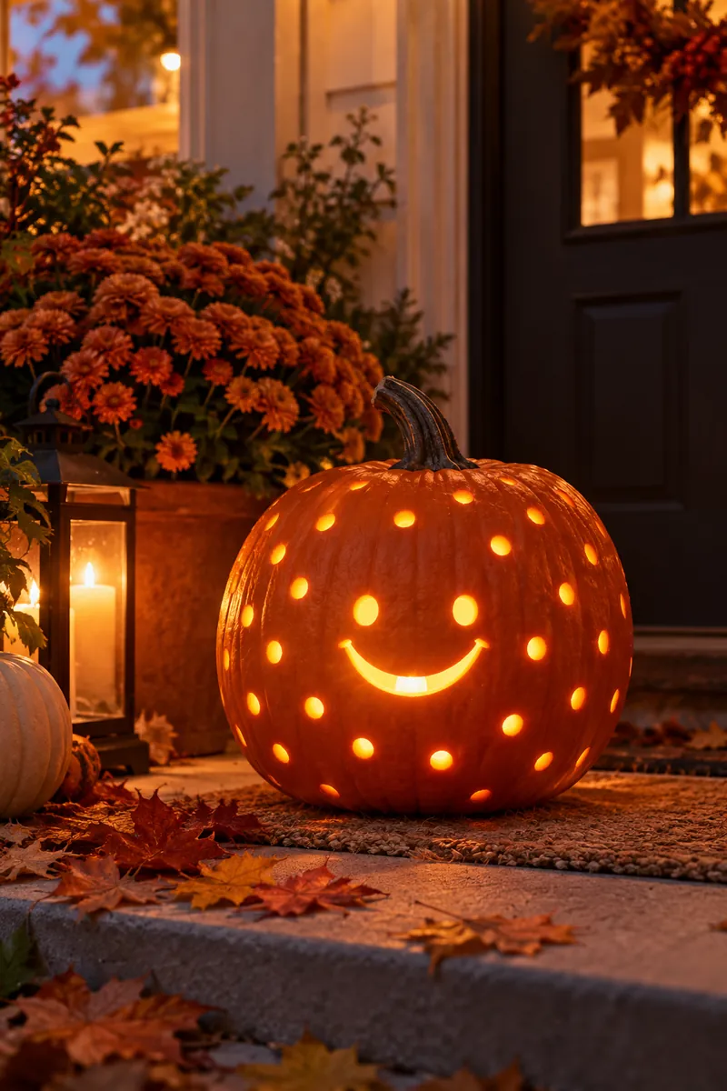Carved pumpkin with a polka-dot smiley face, dot eyes and scattered drilled dots, glowing brightly