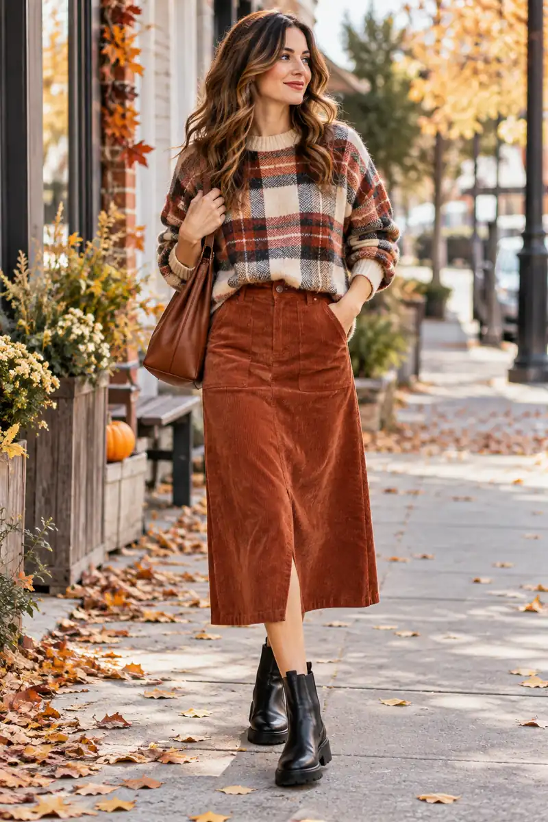 Corduroy midi skirt with a coordinating plaid sweater and Chelsea boots