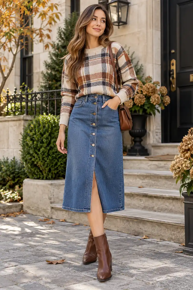 Button front denim midi skirt with a tucked plaid sweater