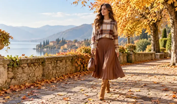 Woman in a plaid sweater and pleated midi skirt on a crisp fall day