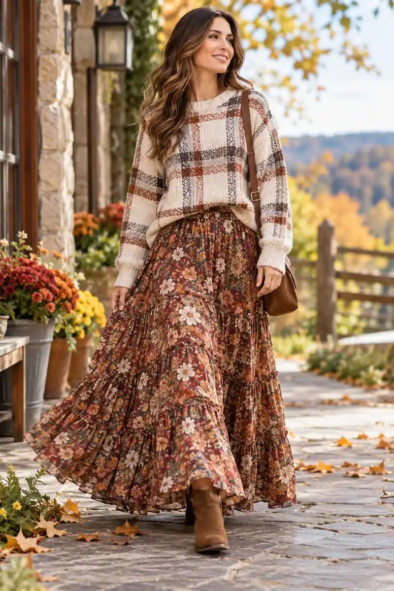 Flowy boho maxi skirt paired with a relaxed plaid sweater