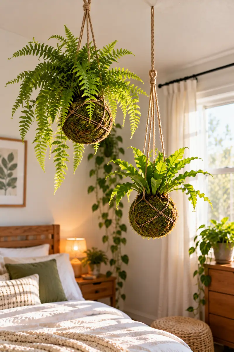 17 Small-Bedroom Plant Ideas That Don’t Take Up Floor Space 7 Two kokedama moss balls with small ferns wrapped in twine, hanging from a bedroom ceiling at different heights in soft natural light.
