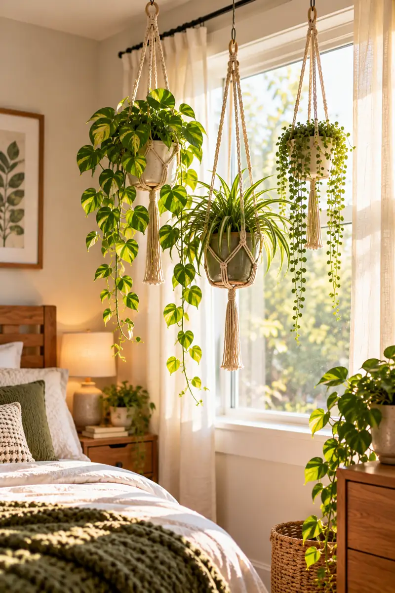 17 Small-Bedroom Plant Ideas That Don’t Take Up Floor Space 5 Three macrame plant hangers at staggered heights holding small green plants, hanging in front of a bright bedroom window with sheer curtains.