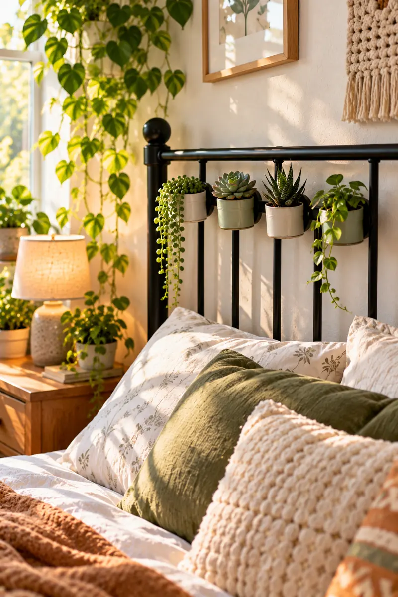 17 Small-Bedroom Plant Ideas That Don’t Take Up Floor Space 8 Tiny magnetic planters with small succulents attached to a black metal bed frame headboard in a small bedroom, in soft morning light.