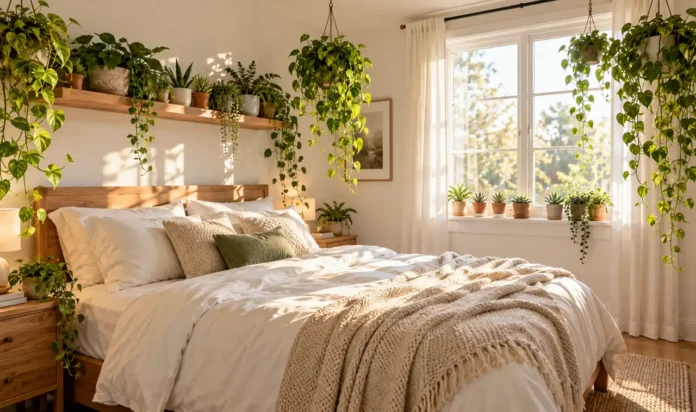 Small-Bedroom Plant Ideas That Don't Take Up Floor Space A small cozy bedroom filled with plants and no floor pots, with trailing pothos hanging from ceiling hooks, a floating shelf garden above the headboard, and succulents on the windowsill.
