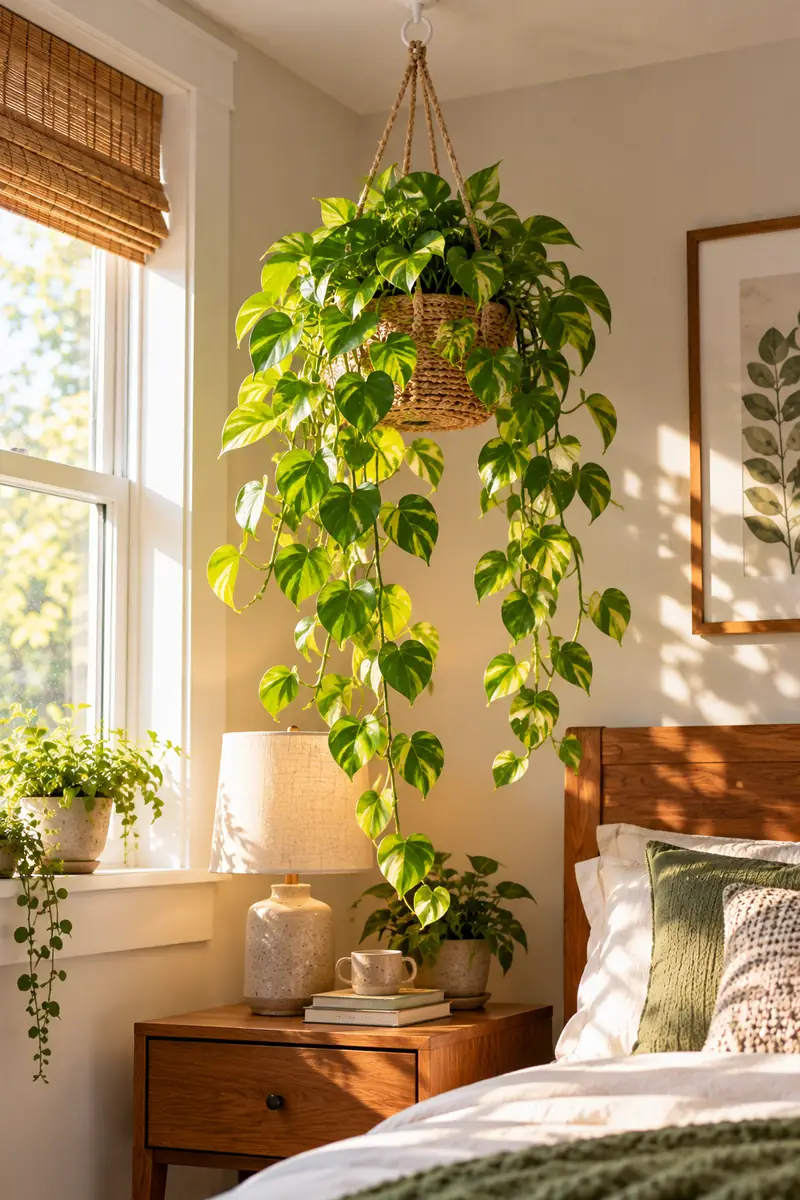 17 Small-Bedroom Plant Ideas That Don’t Take Up Floor Space 1 A trailing golden pothos in a small woven hanging planter suspended from a white ceiling hook above a wooden nightstand, with green leaves cascading down.