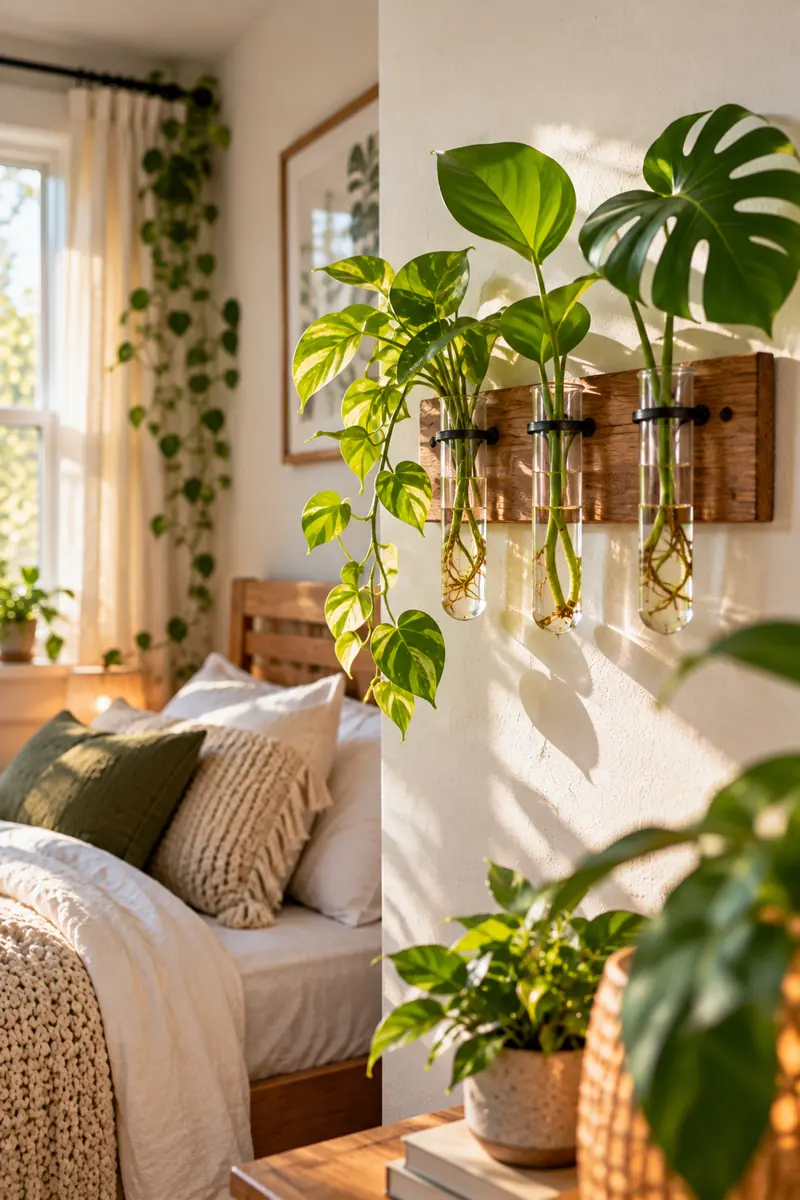 17 Small-Bedroom Plant Ideas That Don’t Take Up Floor Space 3 A wooden wall-mounted propagation station with three glass test tubes holding green pothos and monstera cuttings in water, on a white bedroom wall beside a small bed.