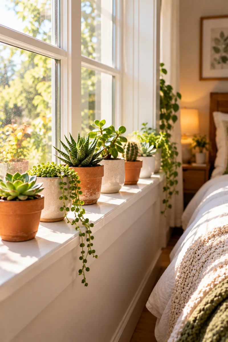 17 Small-Bedroom Plant Ideas That Don’t Take Up Floor Space 2 A row of small succulents in tiny terracotta and white ceramic pots lined up on a bright bedroom windowsill, with a cozy bedroom blurred behind.