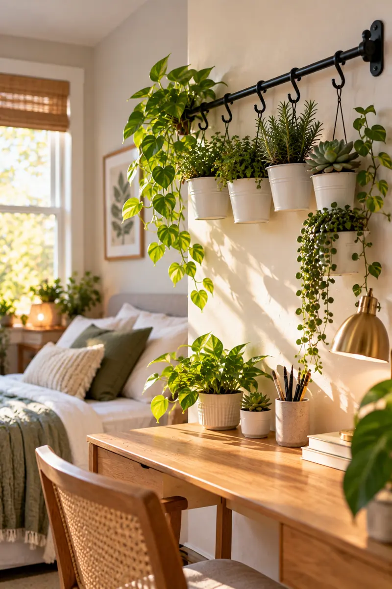 17 Small-Bedroom Plant Ideas That Don’t Take Up Floor Space 4 A black metal wall rail with S-hooks holding tiny potted herbs and succulents in small white pots, mounted on a pale bedroom wall above a small desk.