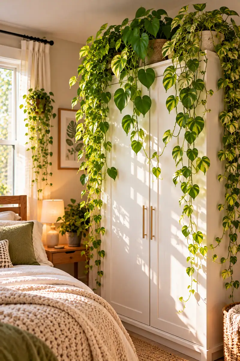 17 Small-Bedroom Plant Ideas That Don’t Take Up Floor Space 6 Lush trailing pothos and philodendron vines cascading down from the top of a white wardrobe in a small cozy bedroom, with green leaves draping over the edge.