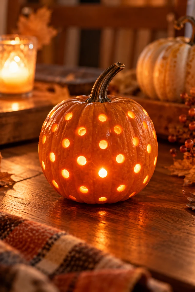 Mini pumpkin with drilled polka dot pattern glowing warmly on a wooden table
