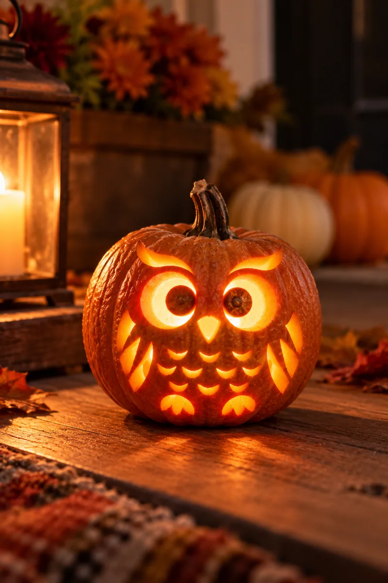 Tiny carved owl face on a mini pumpkin with big round glowing eyes
