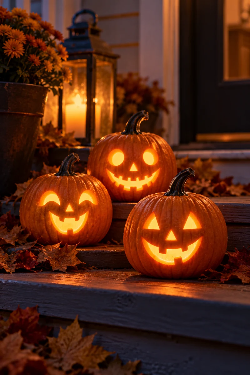 Three mini pumpkins with simple carved faces grouped on porch steps at dusk