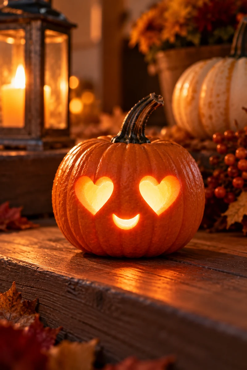 Mini pumpkin carved with heart-shaped eyes and a small smile, glowing