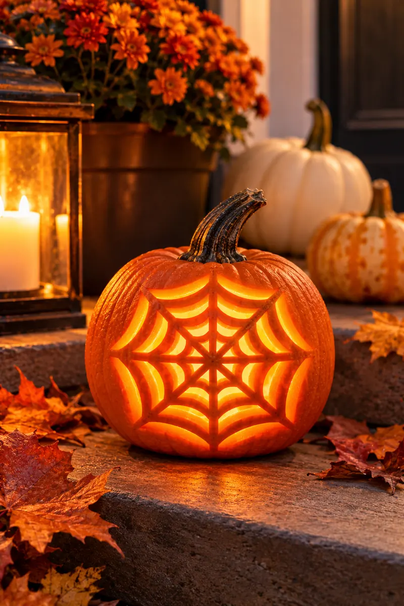 Small pie pumpkin carved with a delicate spiderweb pattern, lit from inside