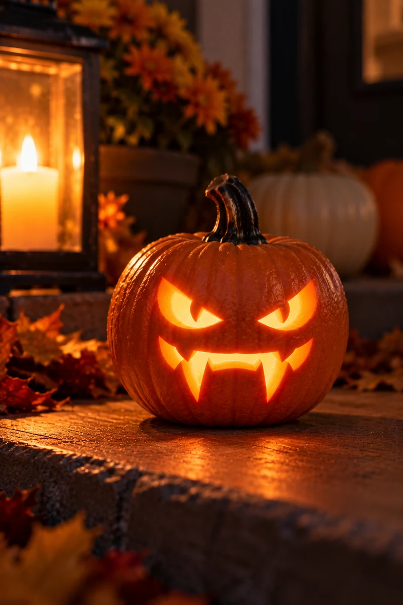 Mini pumpkin with carved vampire fangs and narrow eyes glowing at night