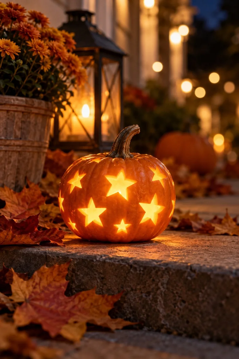 Mini pumpkin with star shapes punched out using cookie cutters, glowing