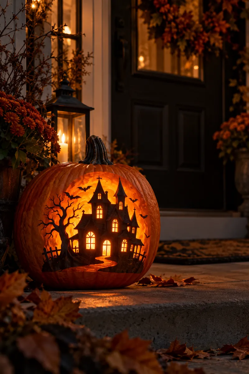 Carved pumpkin glowing with a haunted house silhouette with lit windows on a dark front porch