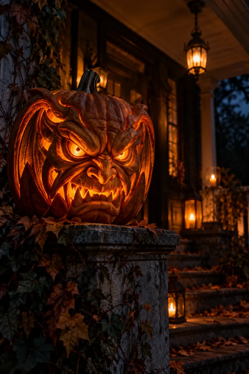 Carved gargoyle face pumpkin glaring from a porch pillar at night