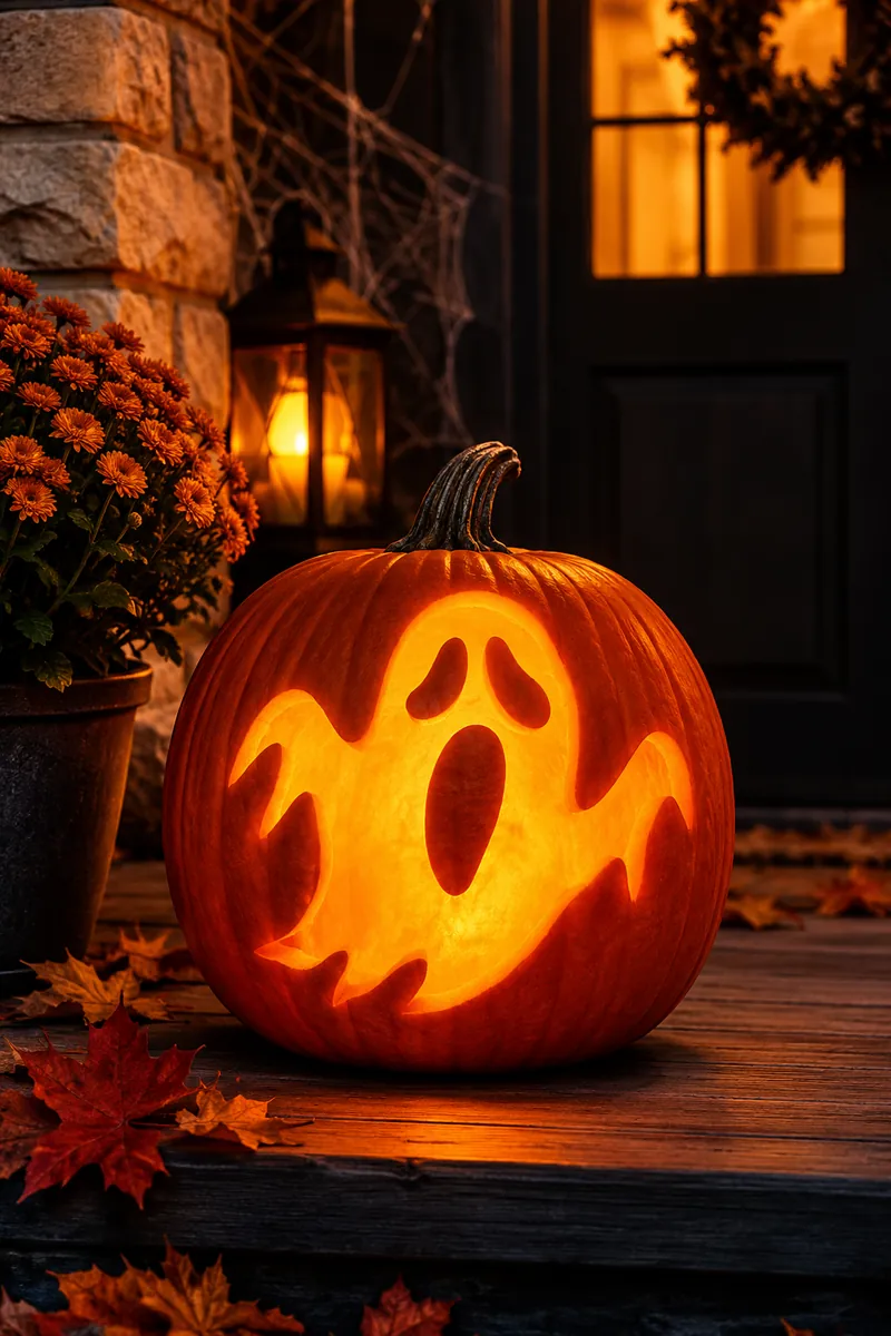 Glowing carved pumpkin with a moaning ghost face on a spooky front porch at night