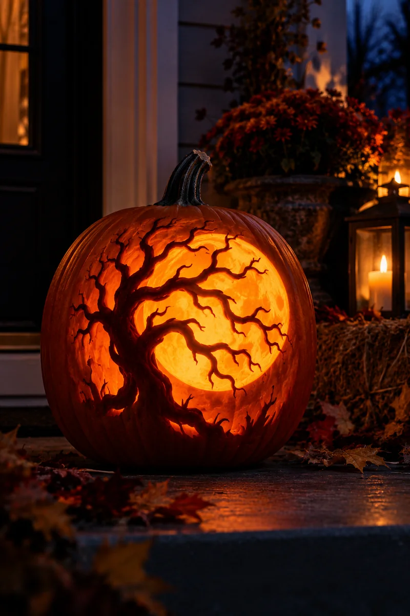 Carved pumpkin showing a full moon glowing behind a twisted dead tree silhouette