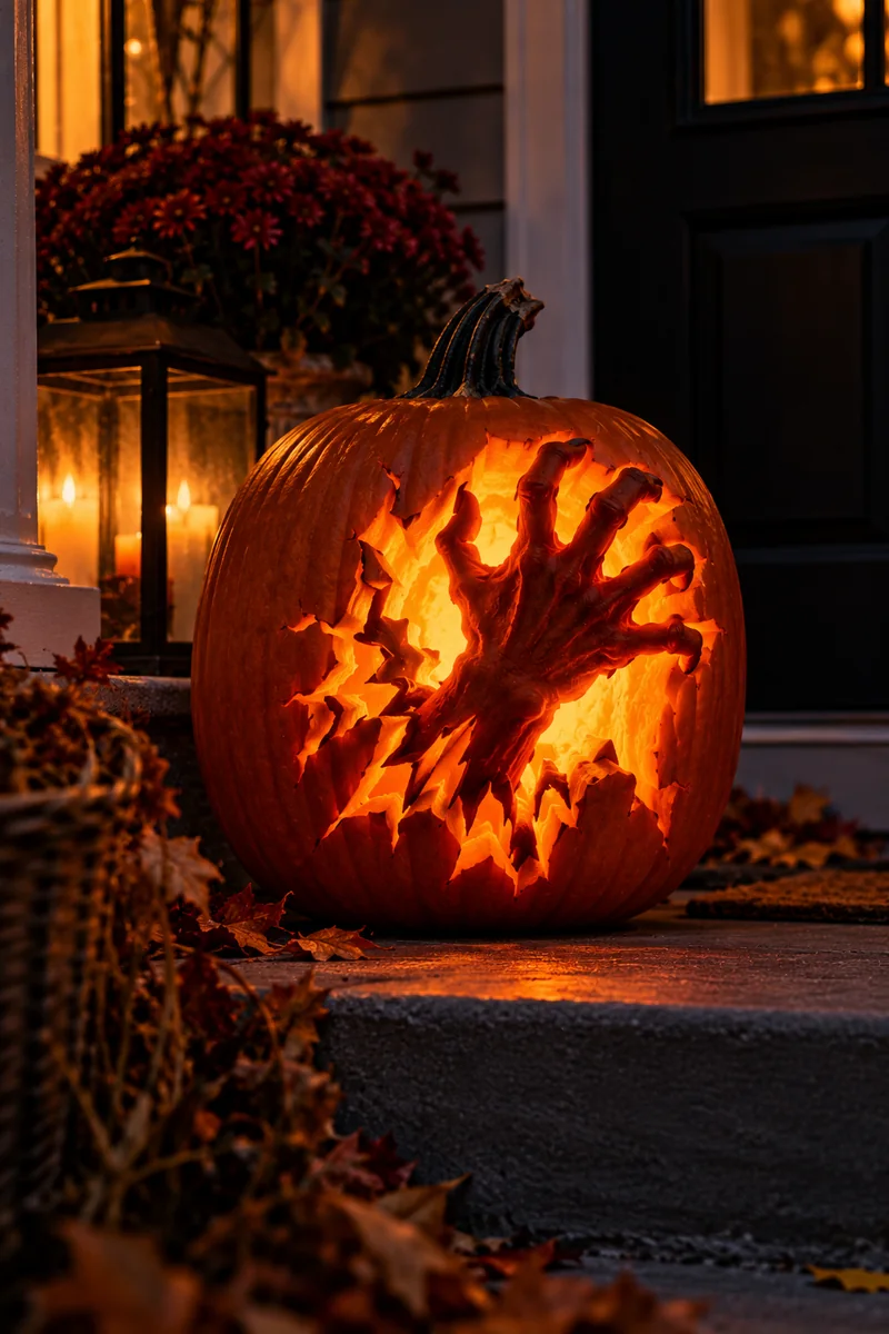 Carved pumpkin with a zombie hand bursting through the rind, glowing on a porch
