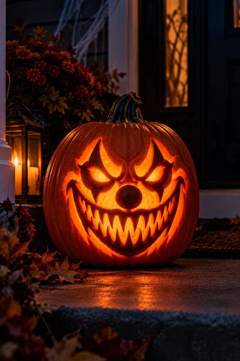 Spooky carved pumpkin with a sinister clown grin glowing on a dark porch