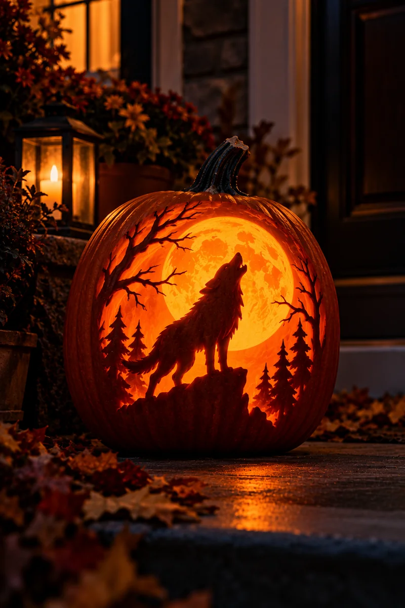Carved pumpkin with a werewolf howling at a glowing moon silhouette