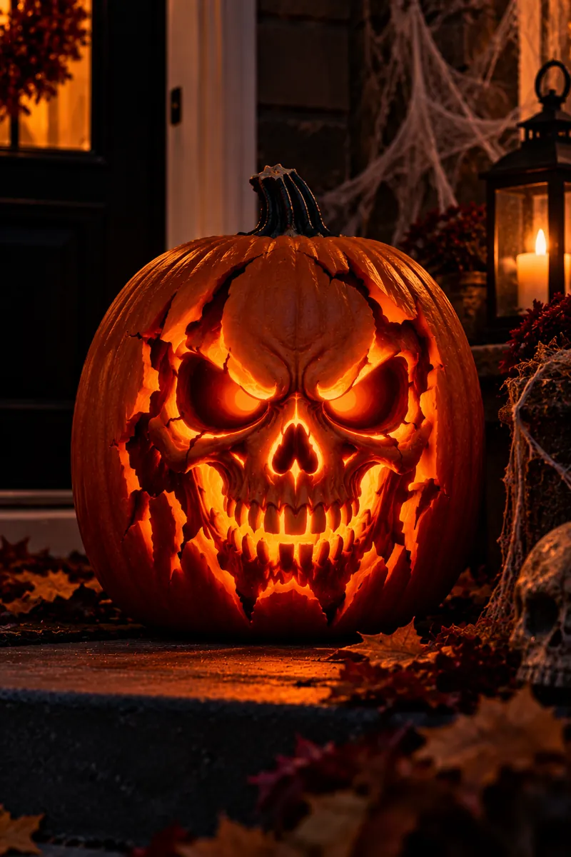 Glowing carved skull pumpkin with hollow eyes on a frightful front porch