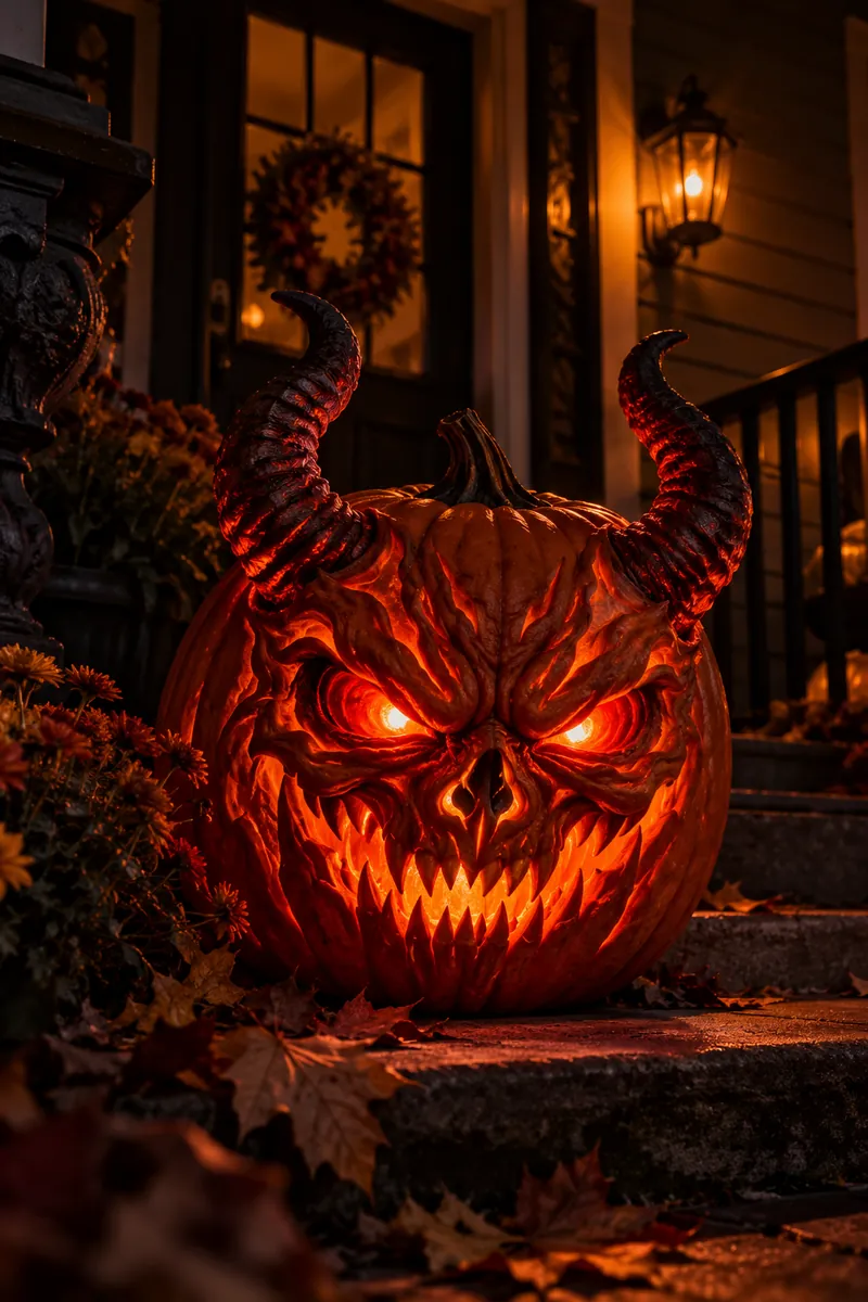 Carved demon pumpkin with curved horns and glowing red eyes