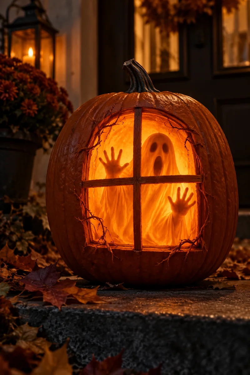 Carved pumpkin showing a ghost trapped behind a glowing windowpane