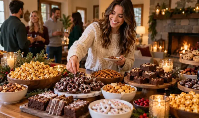Woman at a party table loaded with sweet and salty snacks