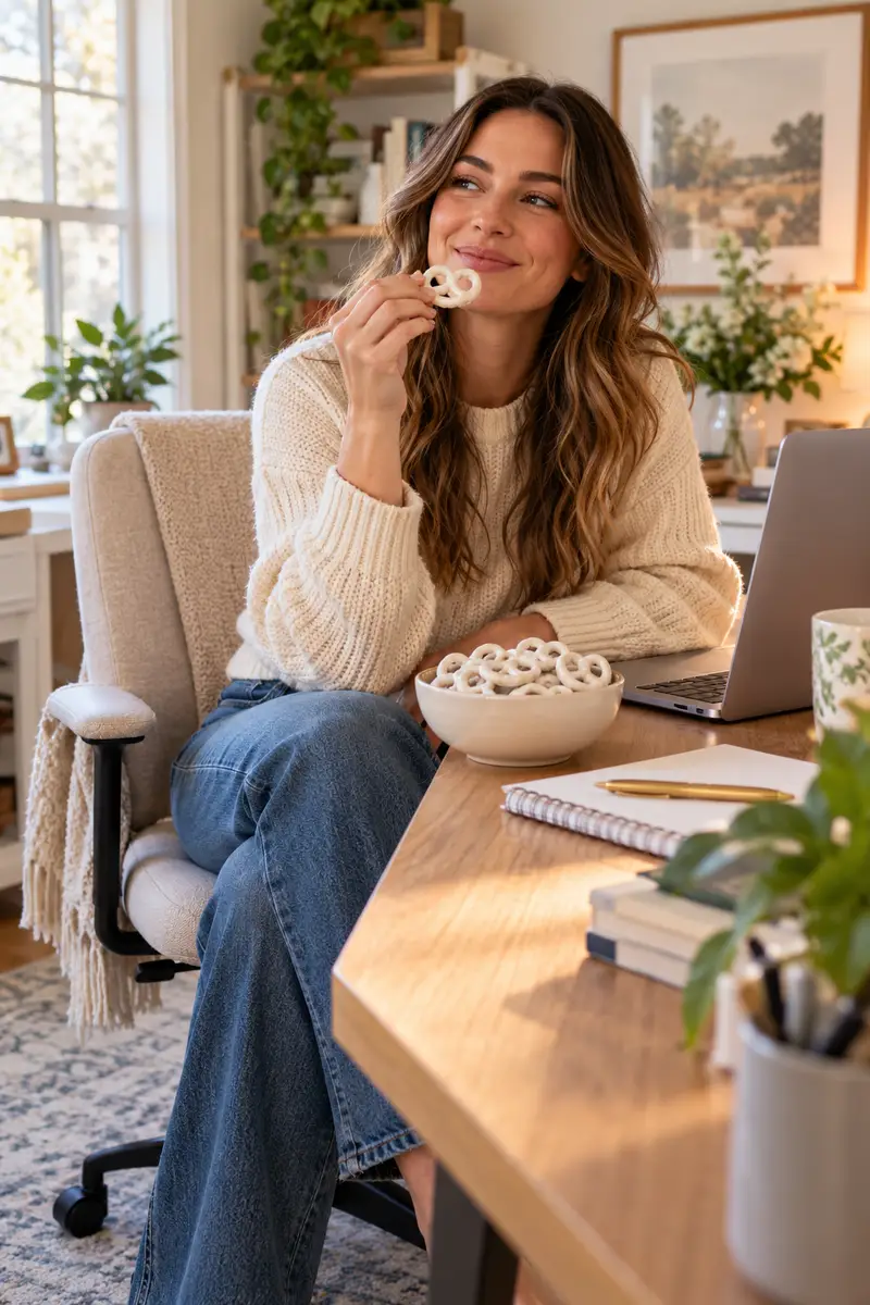 A woman in a sweater and jeans enjoying yogurt-covered pretzels from a bowl at her home office desk