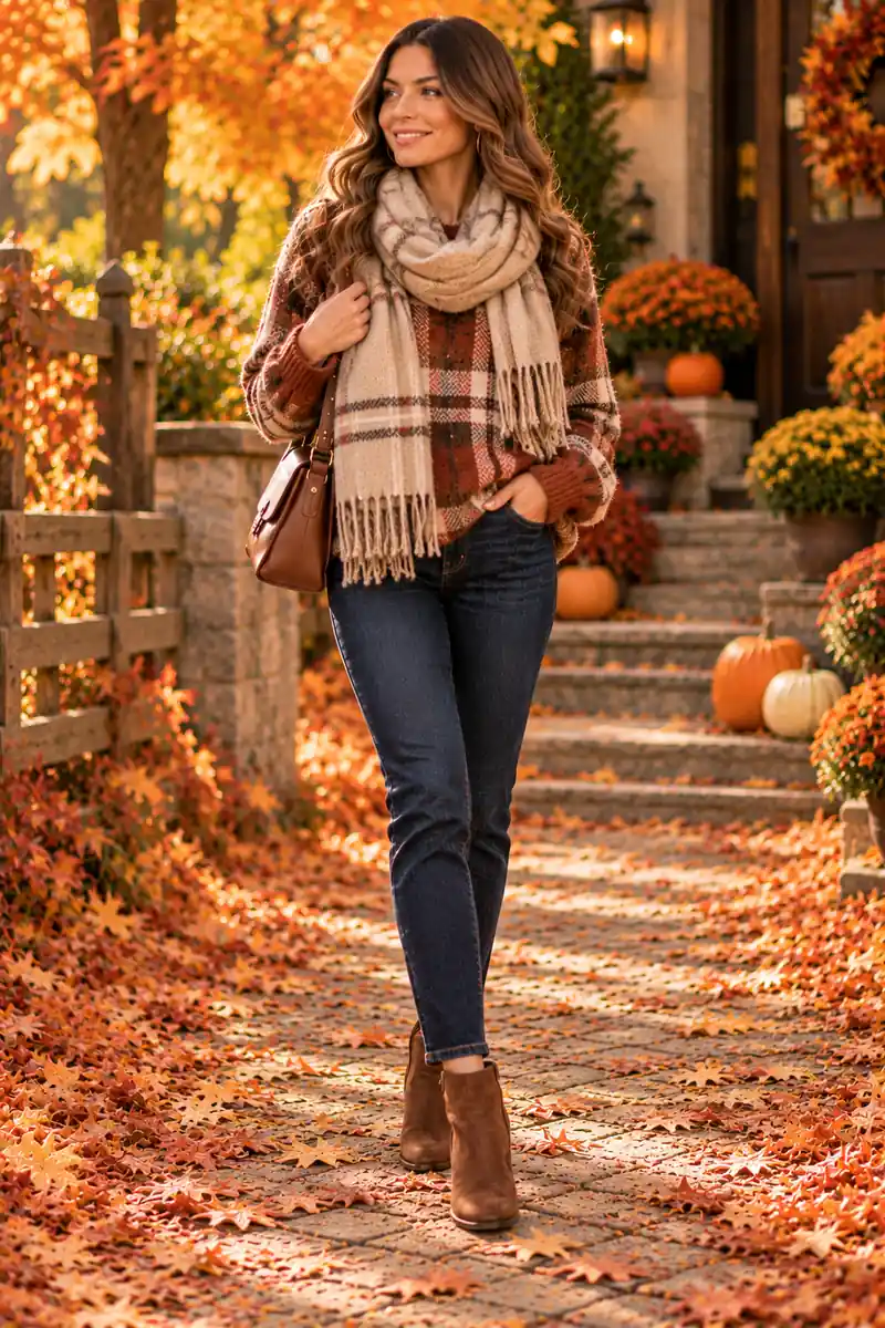 Woman wearing an oversized plaid sweater with a big beige blanket scarf, dark jeans and brown booties