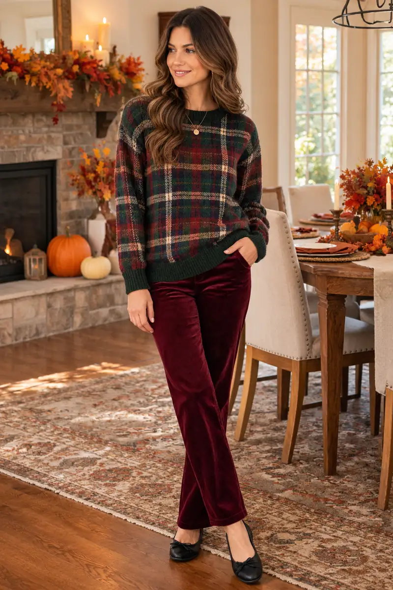 Woman in a green-red plaid sweater with burgundy velvet pants and simple black flats