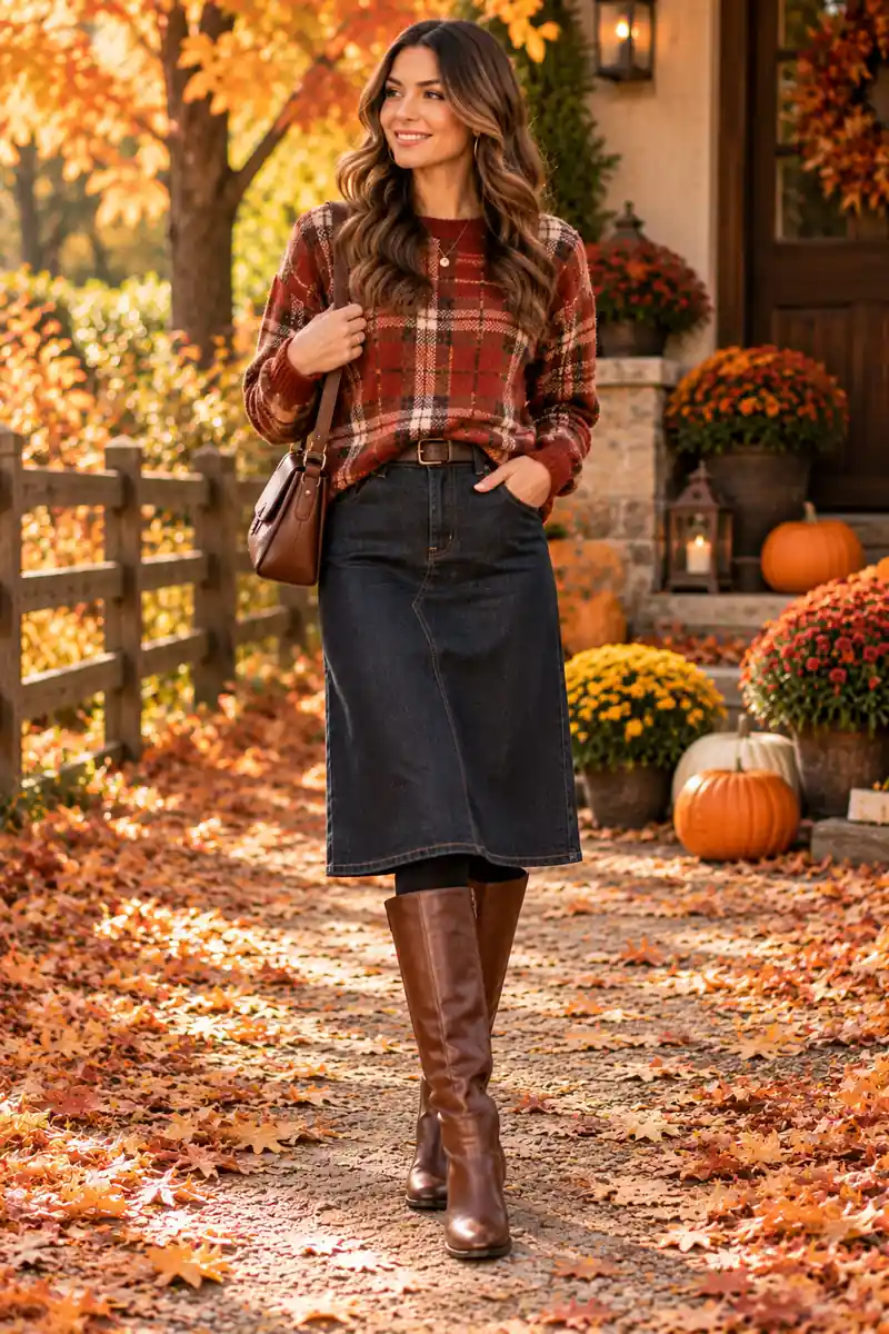 Woman in a rust plaid sweater with a dark denim midi skirt, opaque black tights and tall brown boots