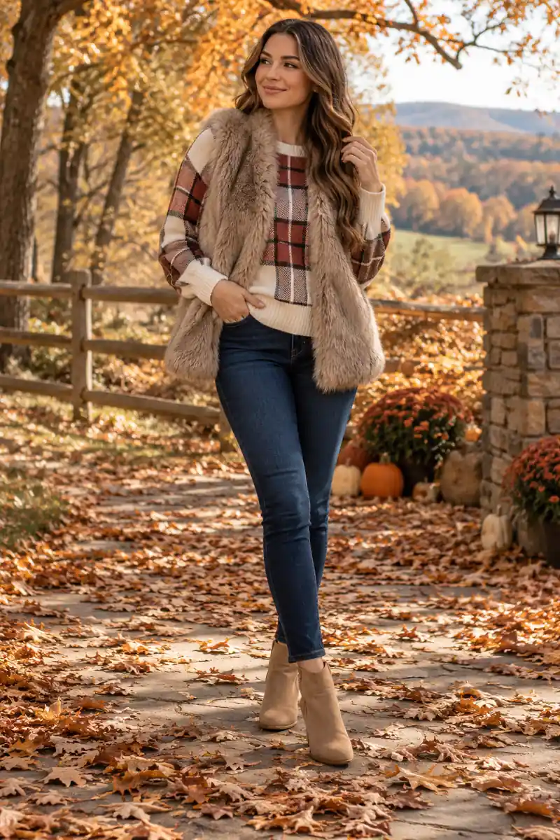 Woman in a plaid sweater with a faux fur vest over it, dark jeans and tan booties