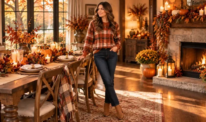 Woman in a rust plaid sweater and dark jeans beside a Thanksgiving dinner table with autumn decor
