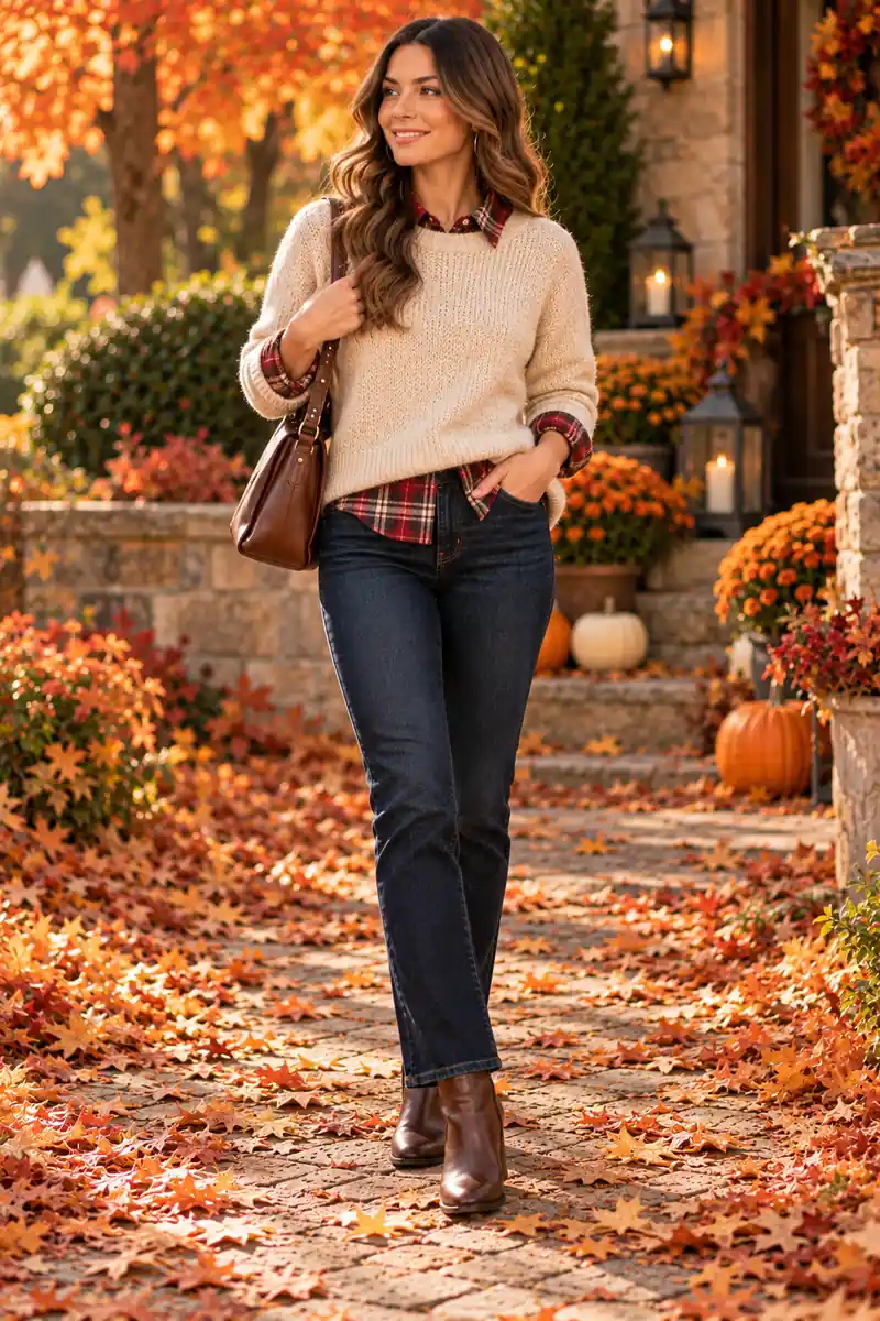 Woman in a red plaid flannel shirt layered under a cream sweater with dark jeans and ankle boots