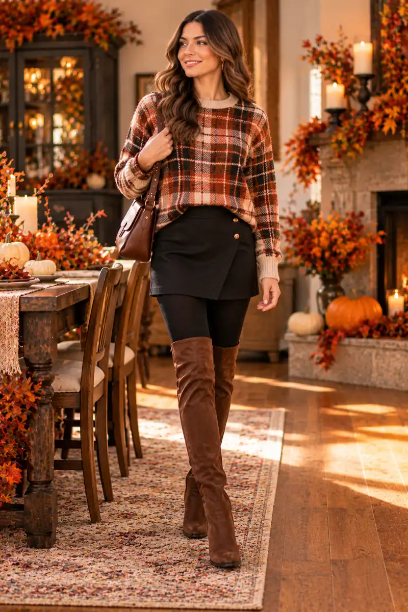 Woman in a plaid sweater with a black mini skirt, opaque black tights and over-the-knee brown boots