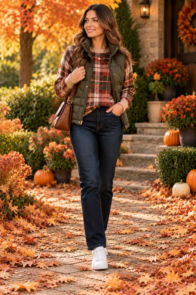 Woman wearing a plaid sweater with a quilted puffer vest, dark jeans and clean white sneakers