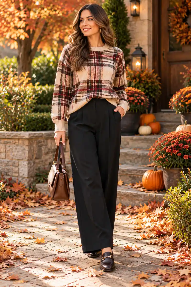 Woman wearing a cream plaid sweater with black wide-leg trousers and leather loafers