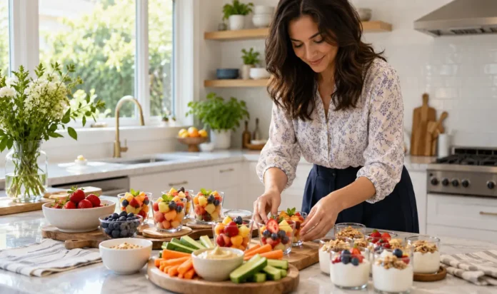 Afternoon Snacks Under 200 Calories Featured Image Woman arranging colorful light snacks on a bright kitchen counter