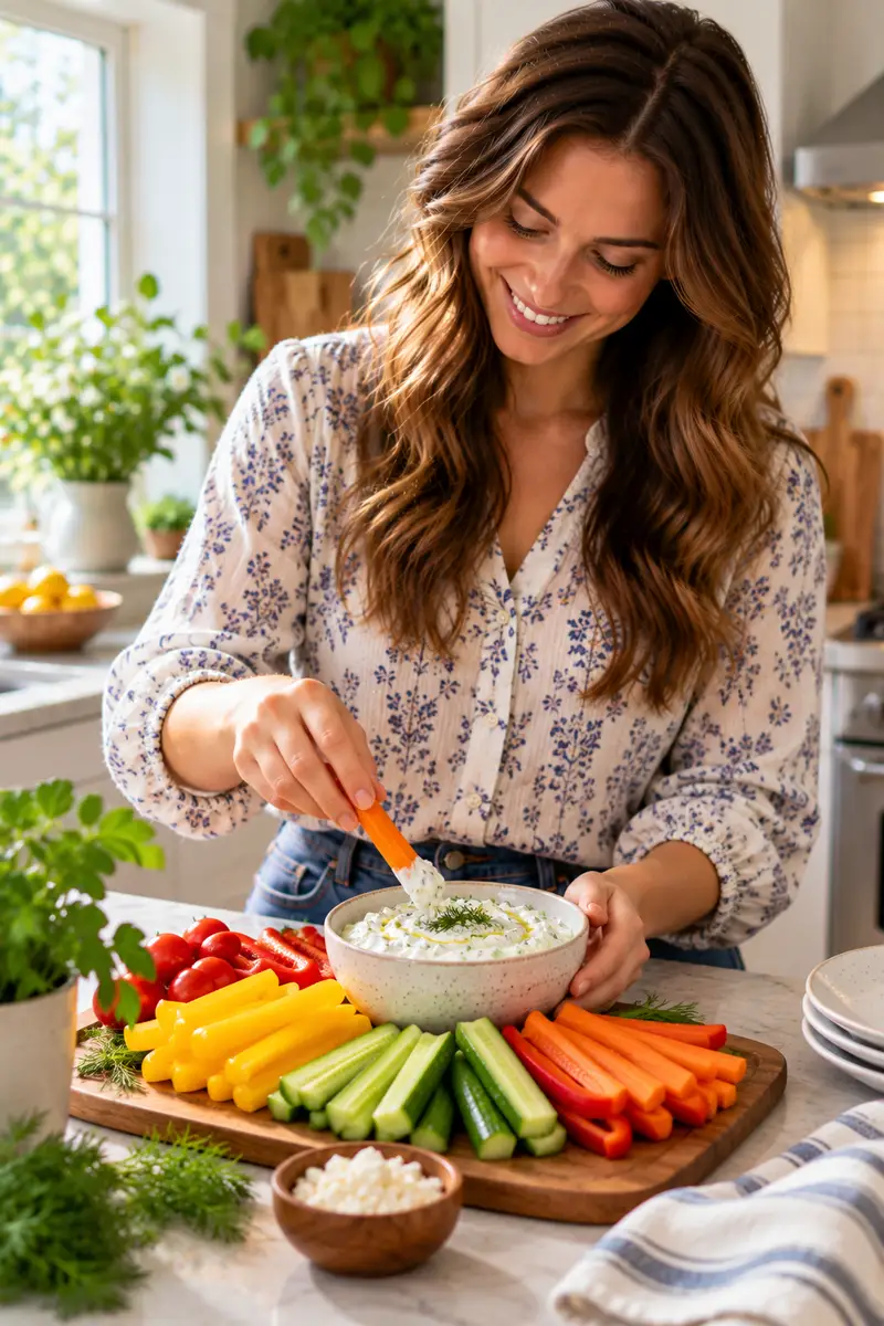 17 Light Afternoon Snacks Under 200 Calories 7 A woman in jeans and a blouse dipping colorful veggie sticks into a bowl of tzatziki on a kitchen counter